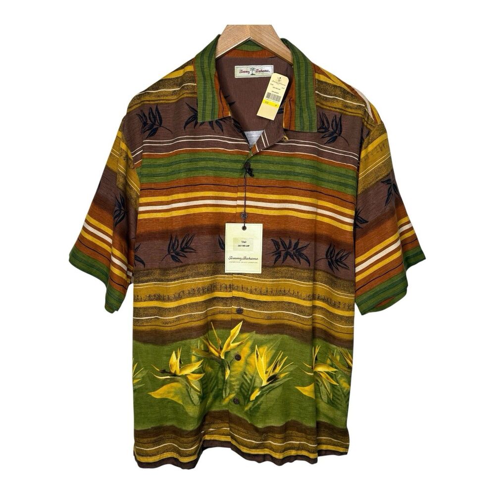 Tommy Bahama Early Bird Camp Silk Shirt Mens Medium Rootbeer Brown Striped New